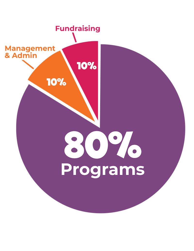 Pie chart showing 80% program support, 10% fundraising, 10% management and admin