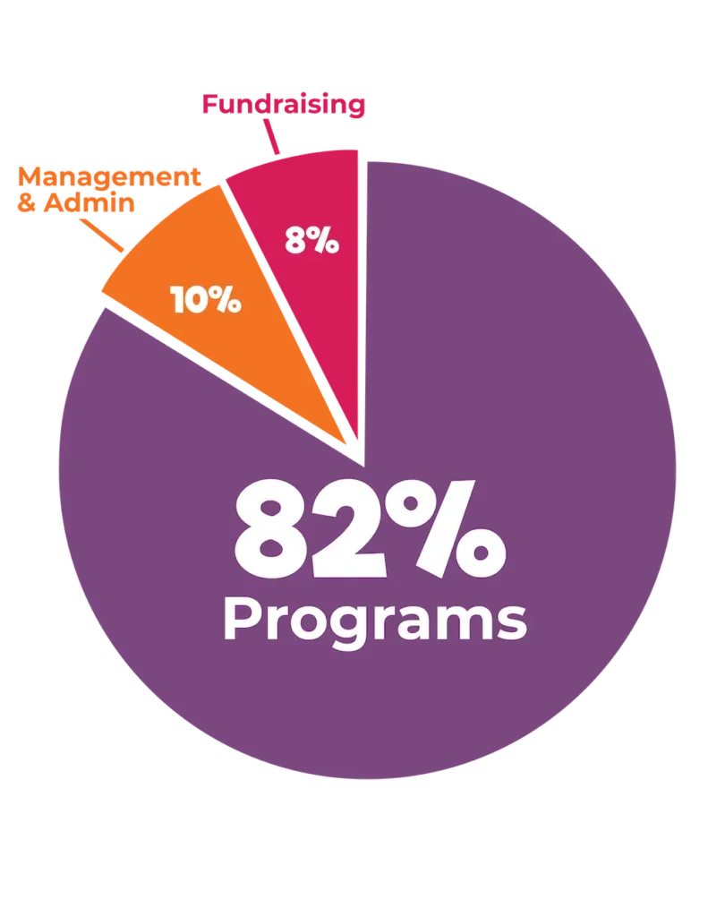 pie chart showing 82% of support goes to programs, 19% to admin and 8% to fundraising
